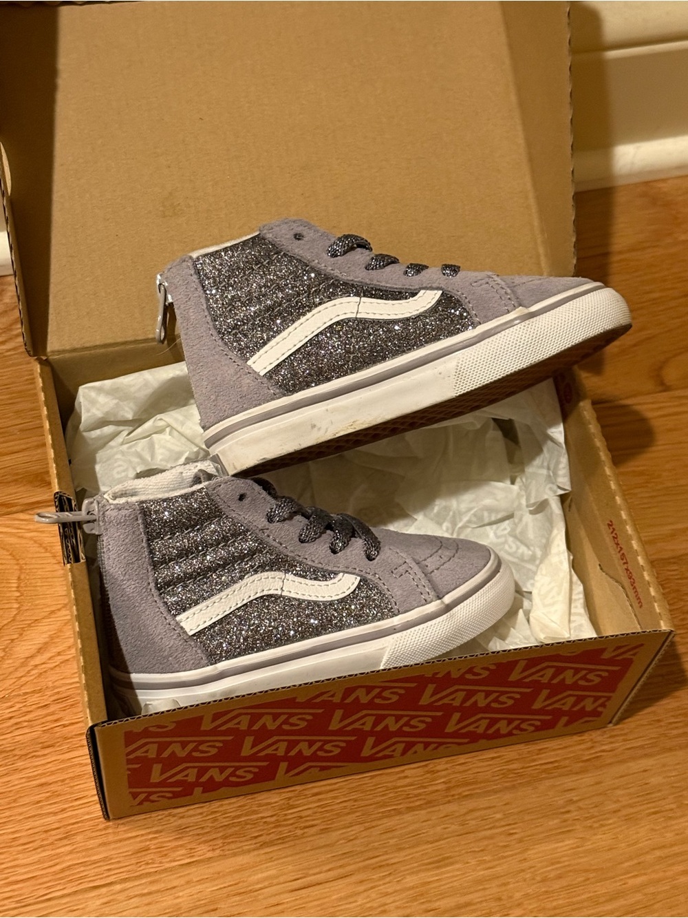 Vans Toddler High-Top Glitter Sneakers in Gray and White